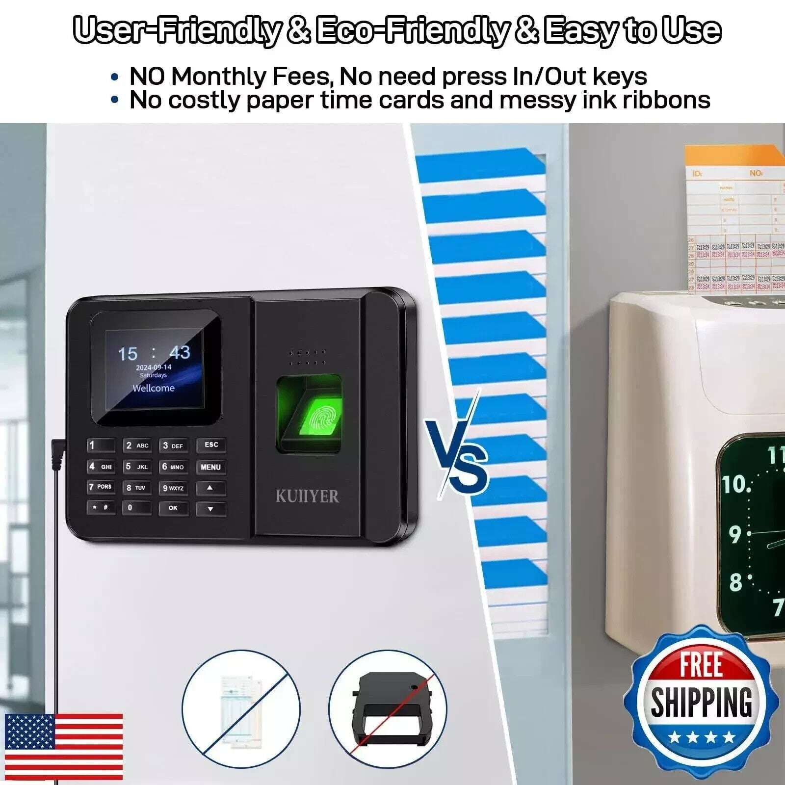 KUIIYER 2in1 Biometric Time Clock Employees Small Business Fingerprint Password