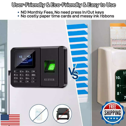 KUIIYER 2in1 Biometric Time Clock Employees Small Business Fingerprint Password
