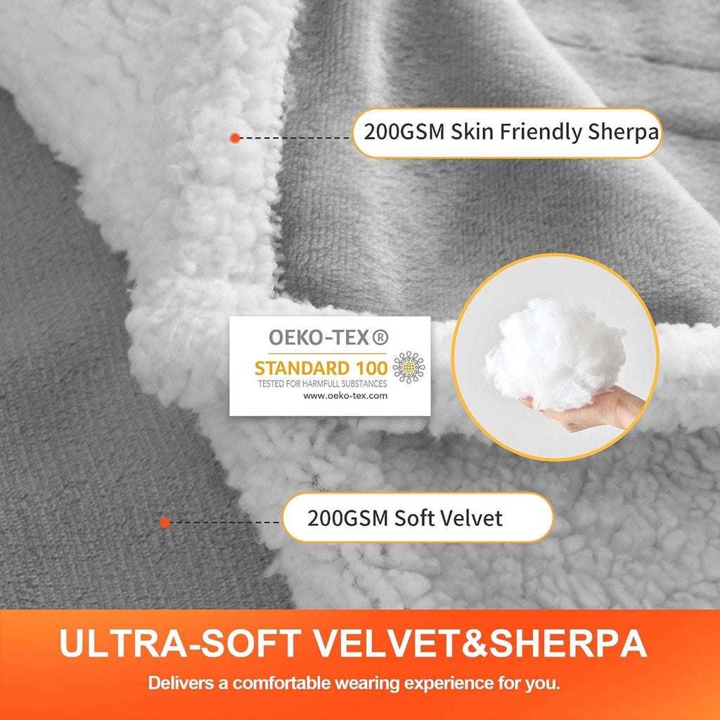Wearable Sherpa & Velvet Heated Blanket with Hood & Pockets 6 Heat Levels, Timer