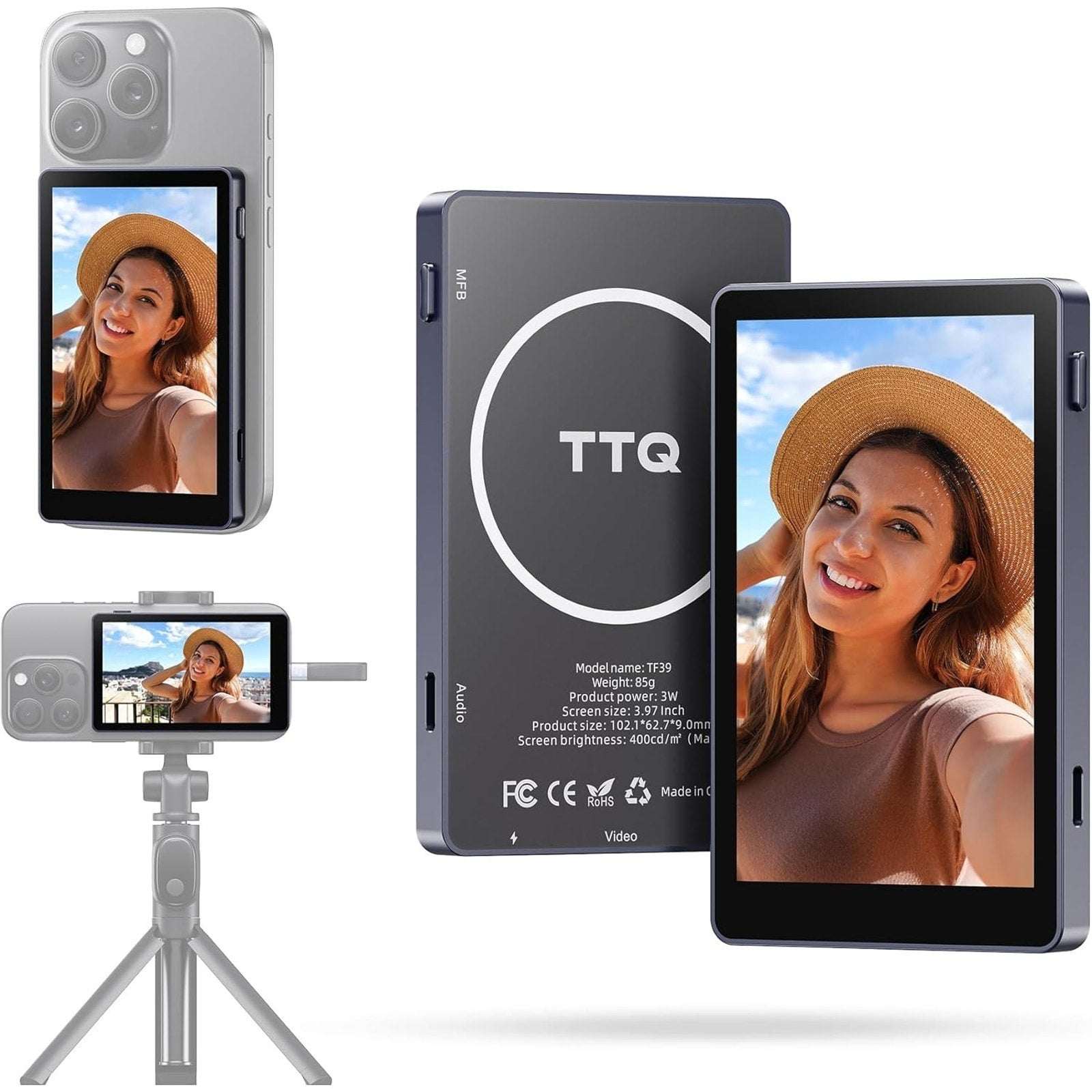 TTQ Vlog Screen Selfie Video Monitor TF39 Magnetic Remote Control NewOB No USB-C