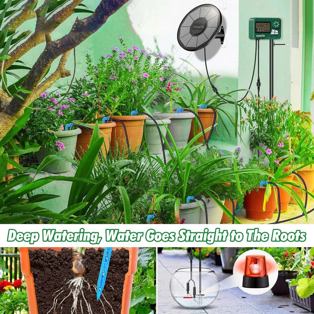50' Automatic Drip Solar Irrigation System Plant Watering w/ Split Timer 15 Pots