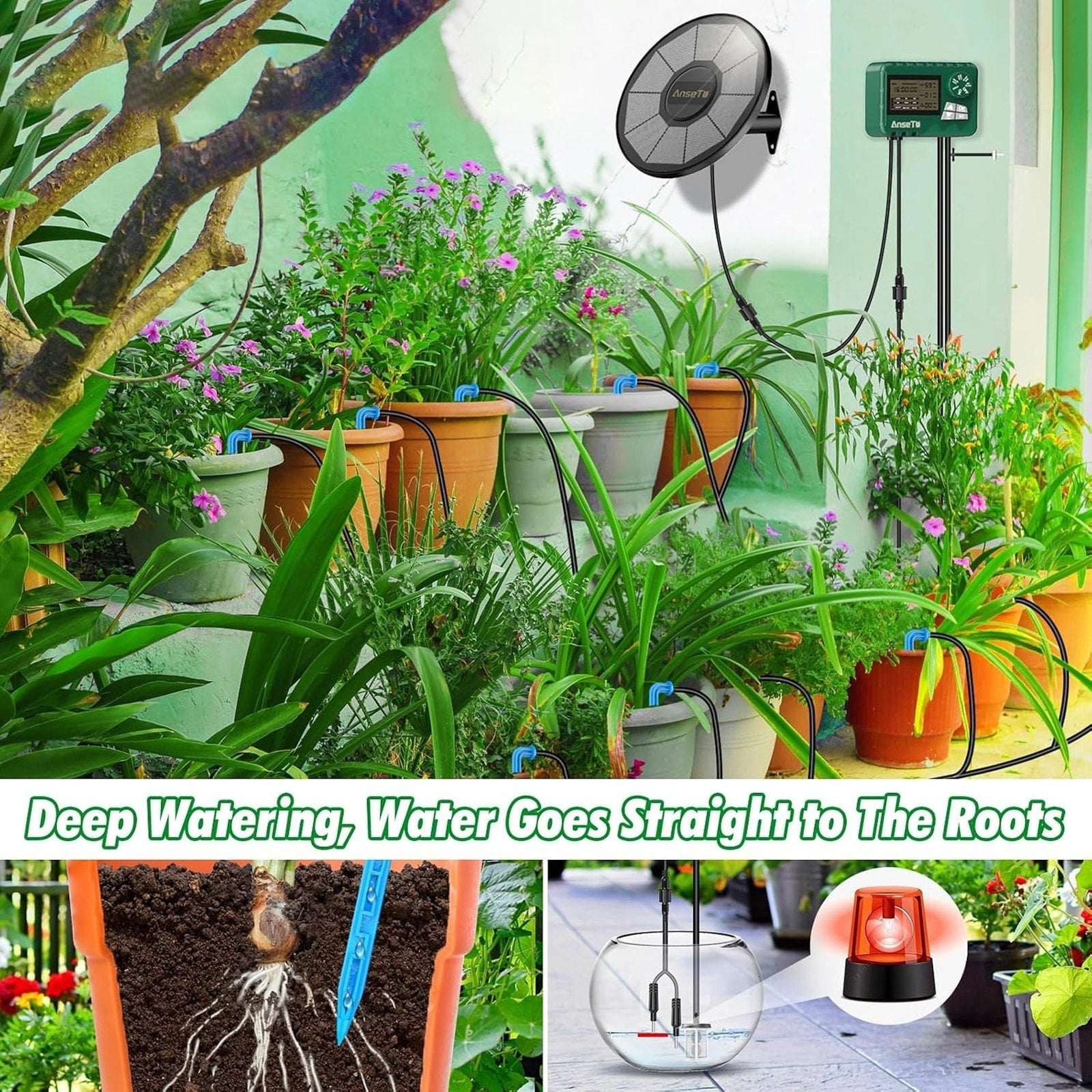 50' Automatic Drip Solar Irrigation System Plant Watering w/ Split Timer 15 Pots