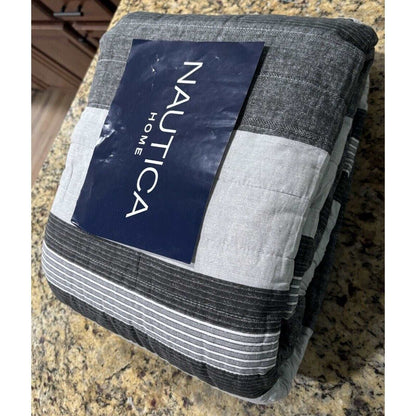 Nautica Ardmoore Quilt & Sham Set Twin Size Washable Cotton Nautical Gray Stripe