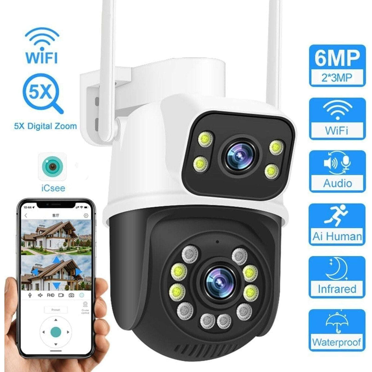 2CPU 6MP WiFi Camera Outdoor Dual Lens/Screen Auto Tracking, Night Vision, 2-Way