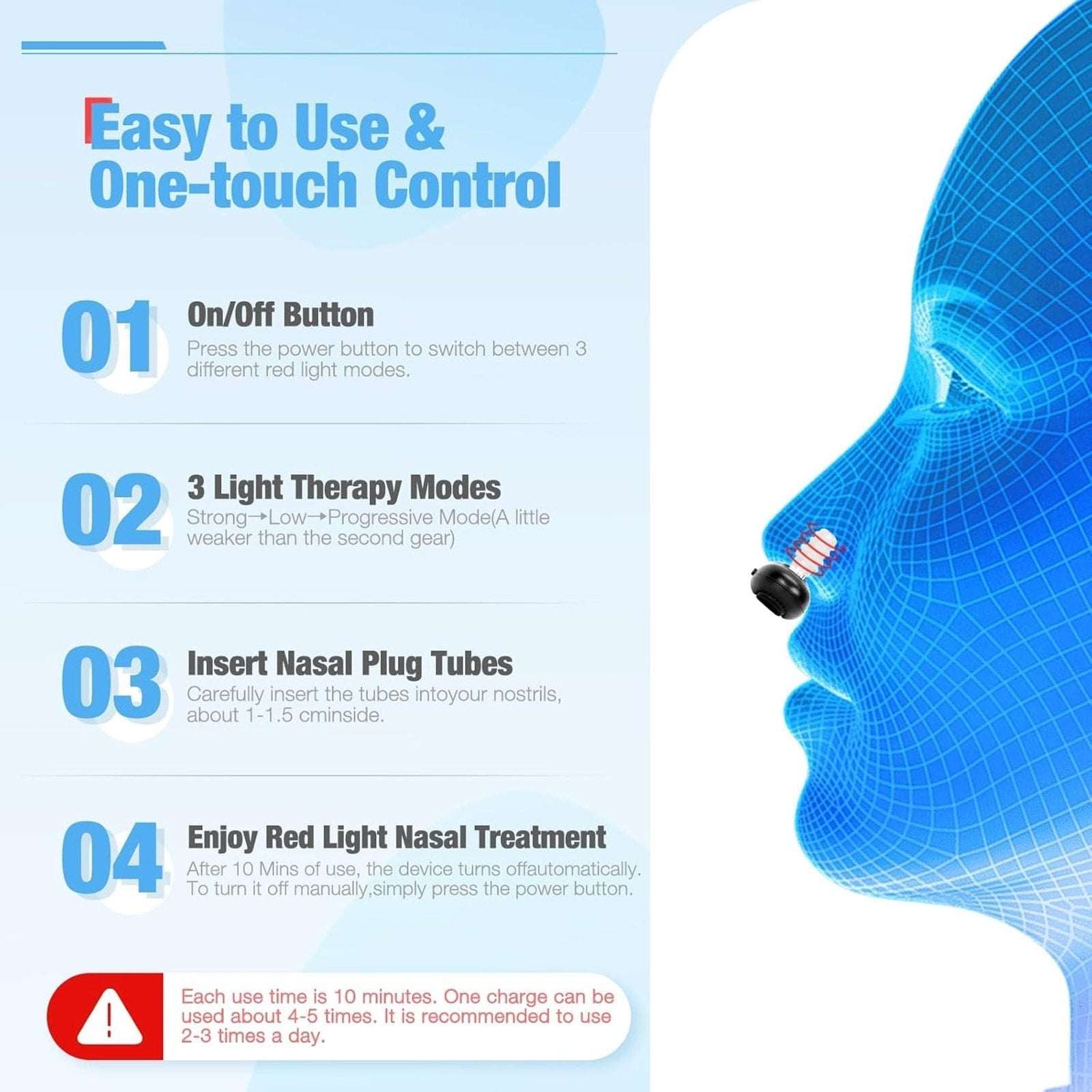 Red Light Nasal Therapy Device, 3 Modes Rechargeable for Dry Nose, Colds & Sinus