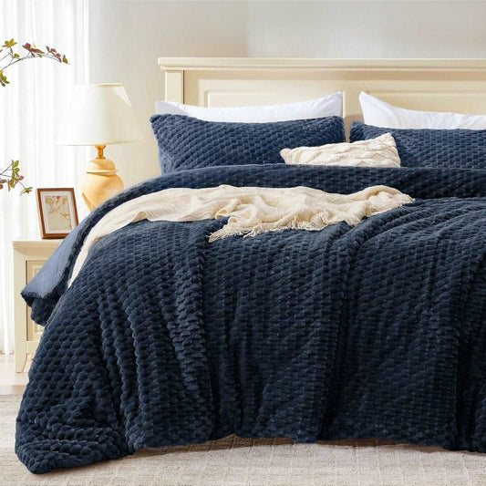 BEDELITE Fluffy Queen Size Comforter & 2 x Pillow Sham Set Navy Blue Fleece Soft