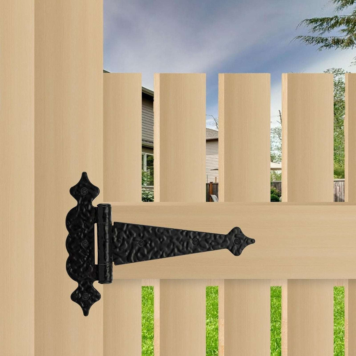 6" Heavy Duty Hammered Black Steel Gate T Hinge Strap Shed, Barn Doors - 6 Pack