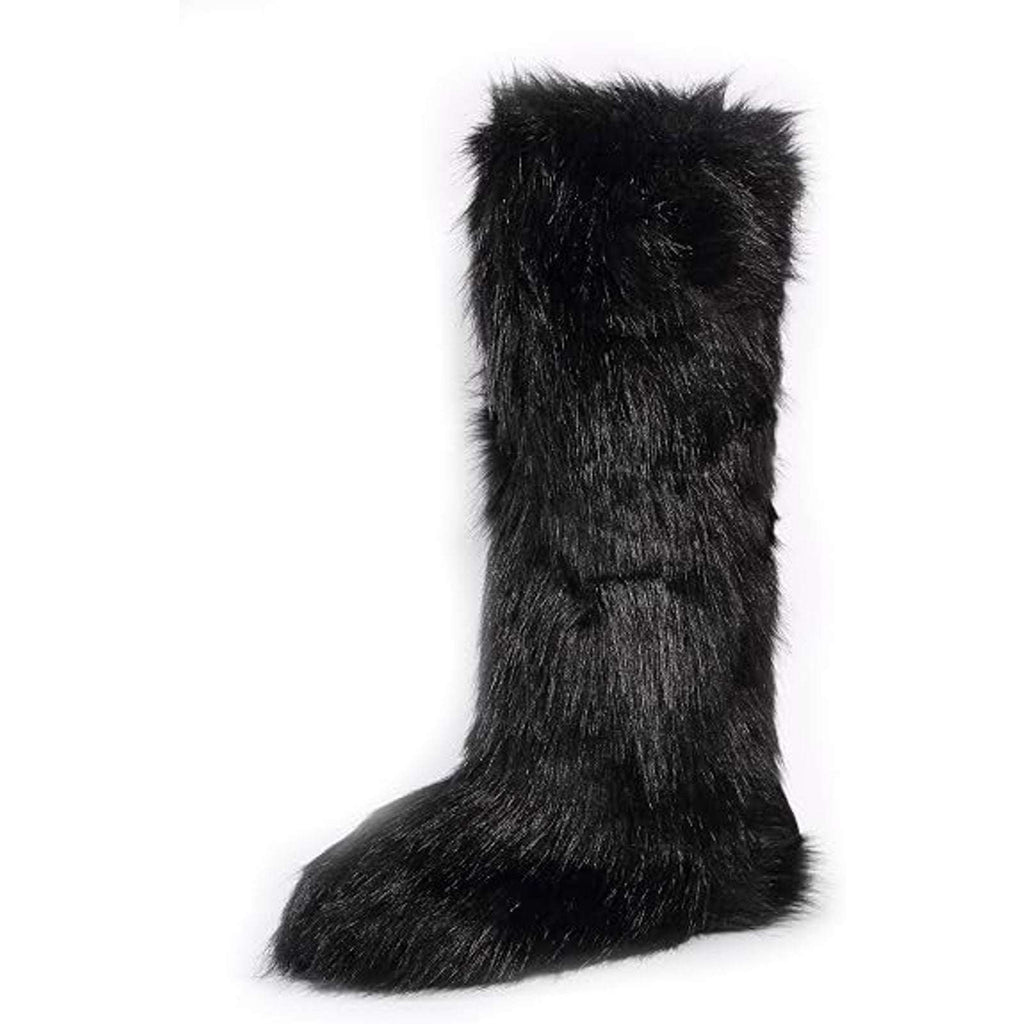 Y2K Rave Shaggy Mongolian Faux Fur Knee High Black Furry Moon Boots Sz 12 Womens