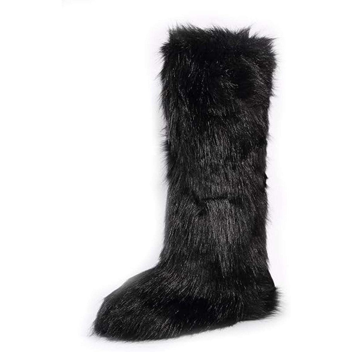 Y2K Rave Shaggy Mongolian Faux Fur Knee High Black Furry Moon Boots Sz 12 Womens