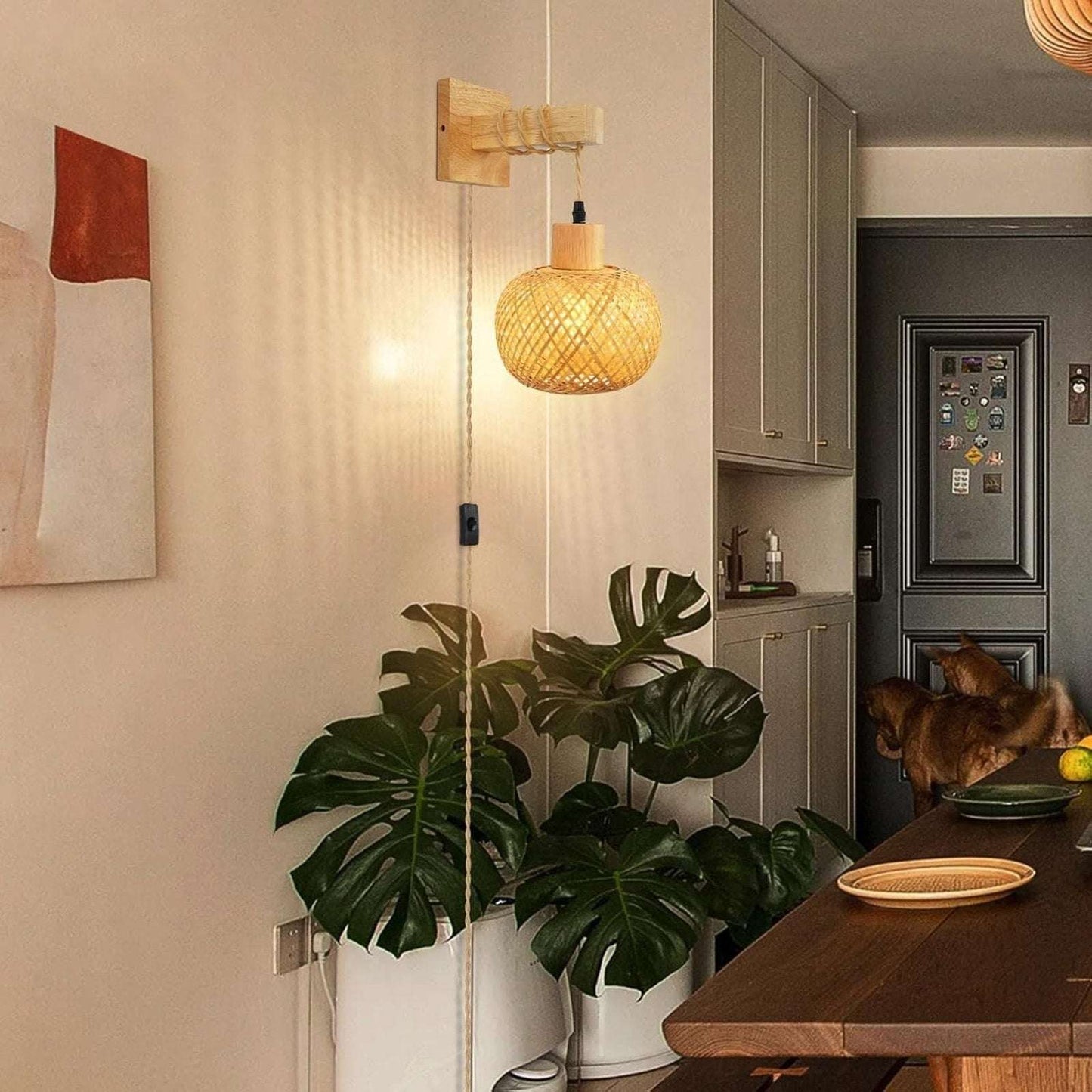 Plug in Wall Sconces Set of 2, Bamboo Hand Woven Rustic Hanging Light Fixtures
