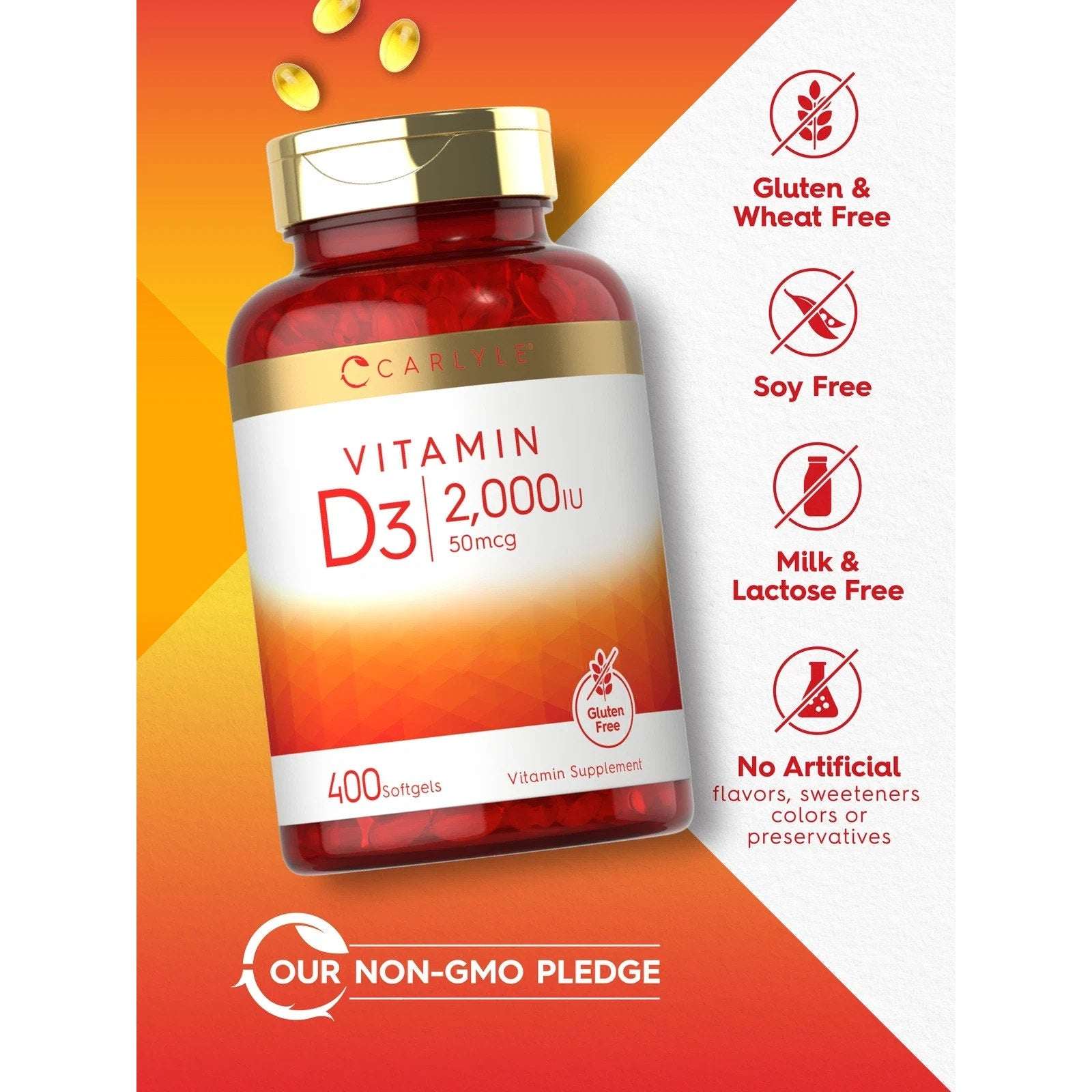 2 Pack Carlyle Vitamin D3 2000 IU Softgels (400ea/800total) Non-GMO Gluten Free