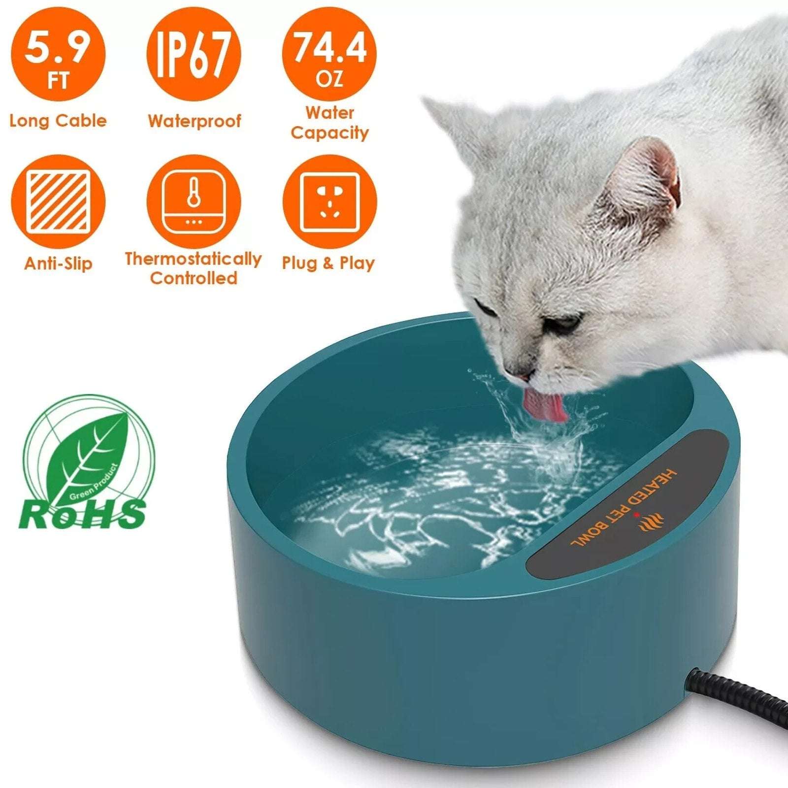 35W Heated Pet Water Bowl Waterproof Thermostatically Control AntiChew Cord 2.2L
