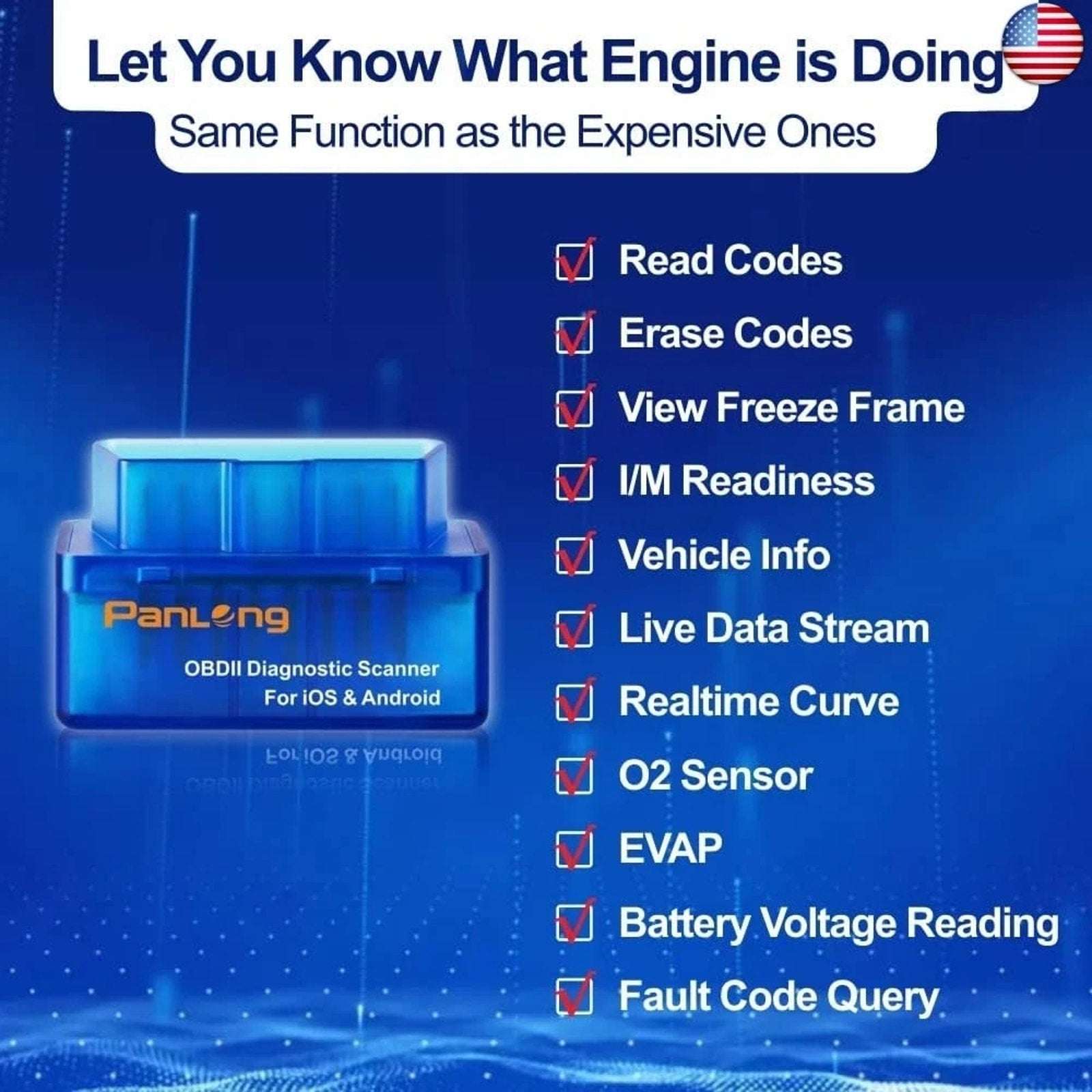 Panlong OBD2 Scanner Bluetooth iPhone iOS Android WindowsOBDII Car Diagnostic