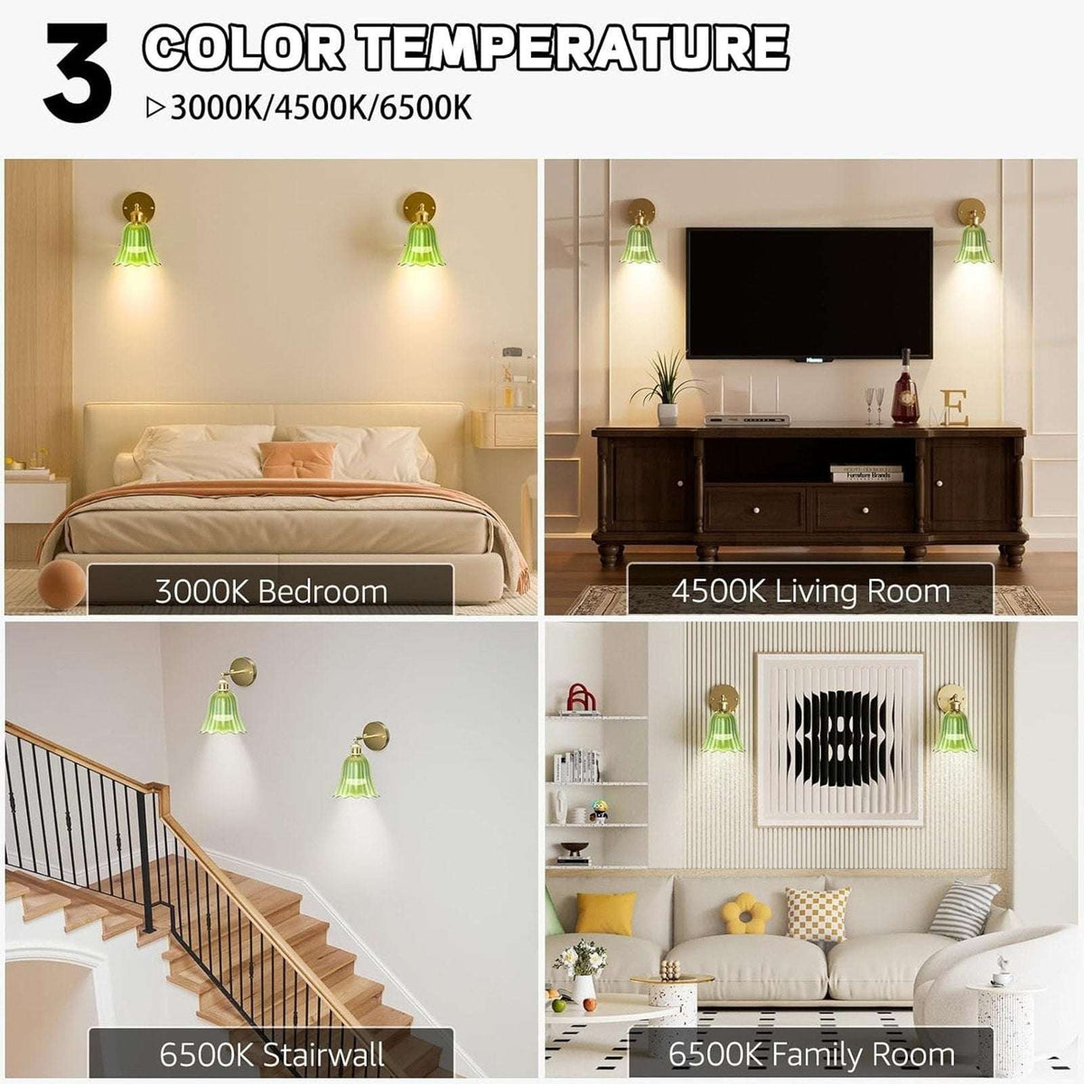 2Pc Vtg Wireless Wall Sconce Green Tulip Glass & Gold w Remote Rechargeable Bulb