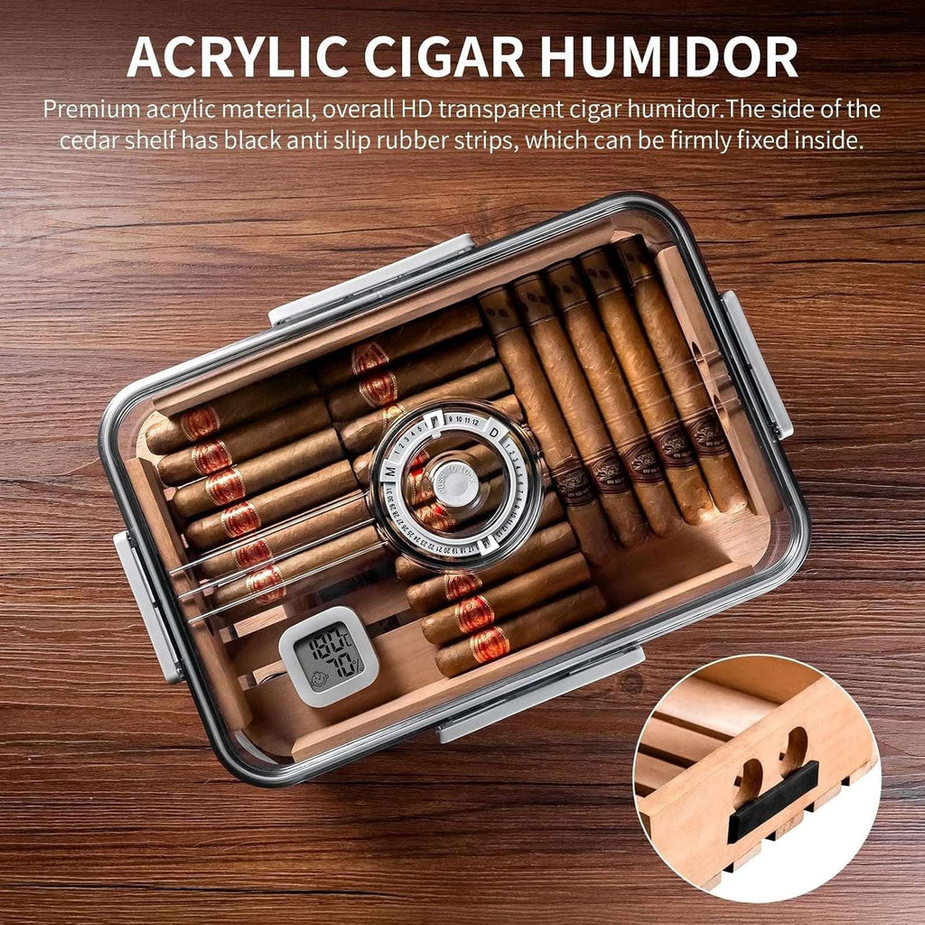 100 Cigar Humidor Clear Acrylic Spanish Cedar Shelf Age Dial Digital Hygrometer