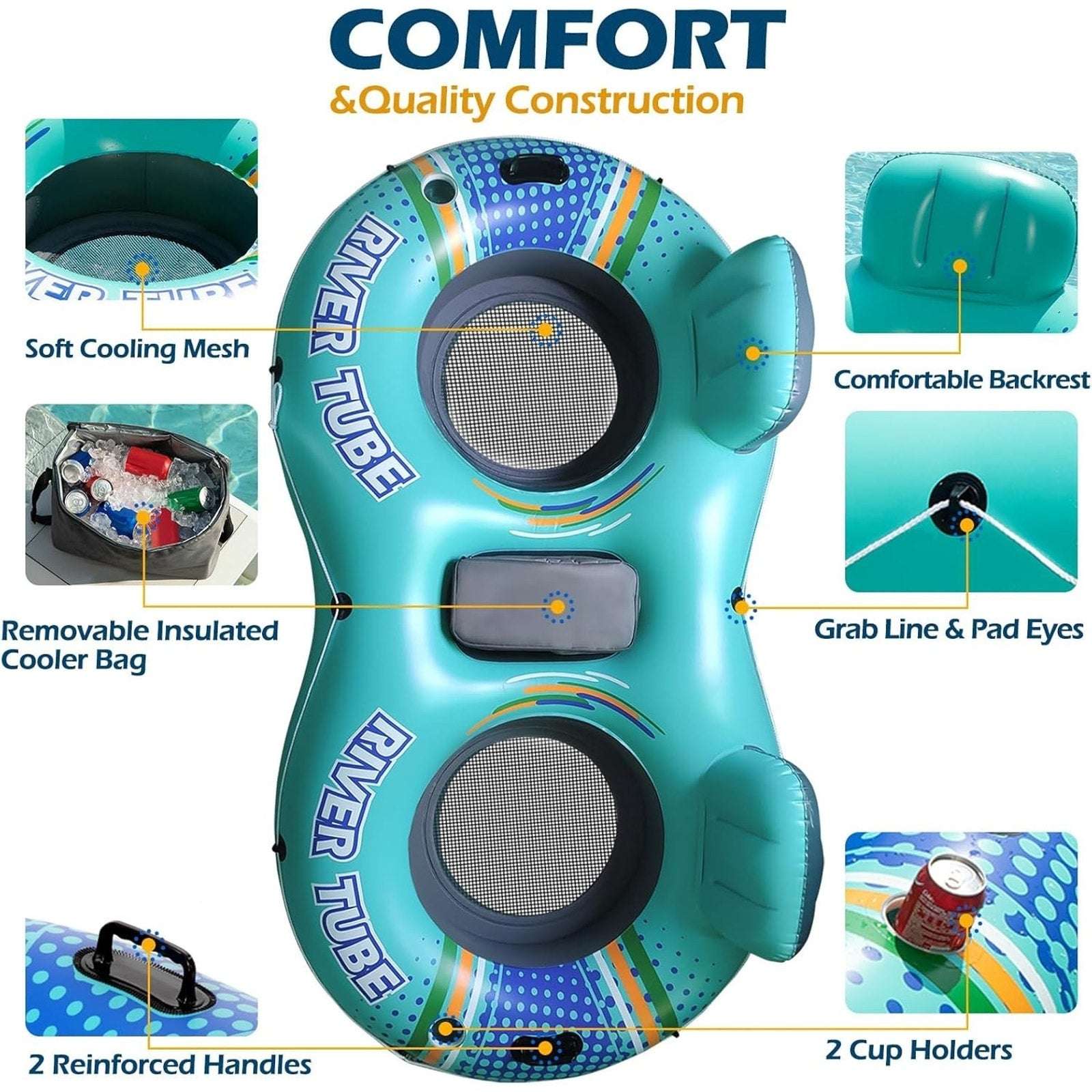 Inflatable 2 Person River Tube Float w/ Cooler Heavy Duty Double Water Pool Lake
