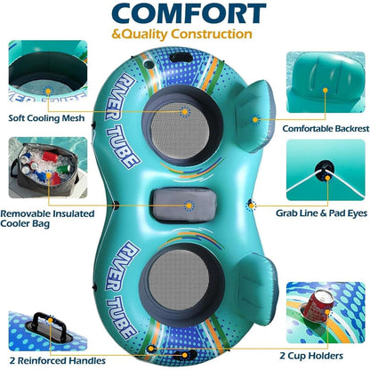 Inflatable 2 Person River Tube Float w/ Cooler Heavy Duty Double Water Pool Lake