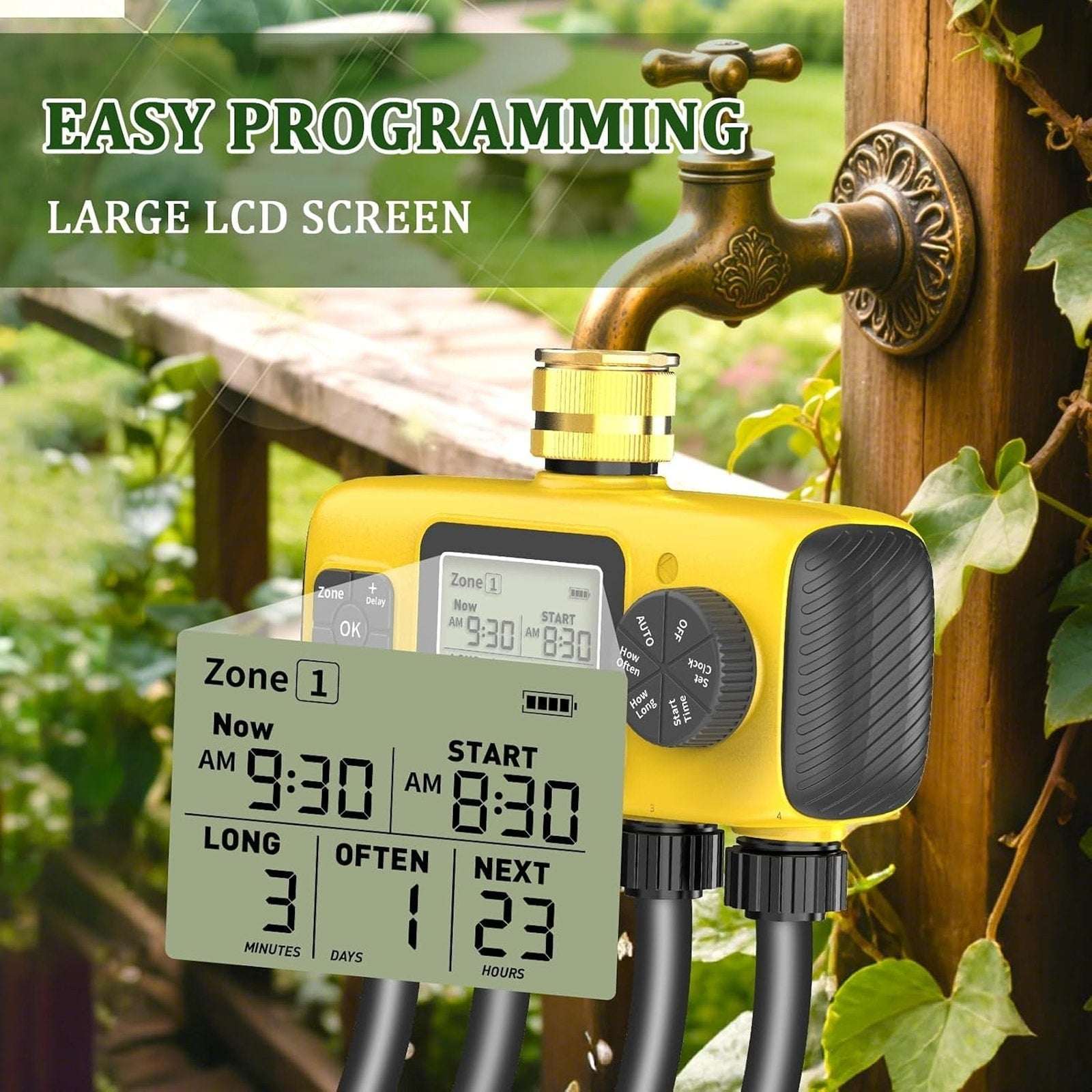 4-Zone Programmable Digital Smart Water Timer w/ Brass Inlet, Rain Delay, Anti-R