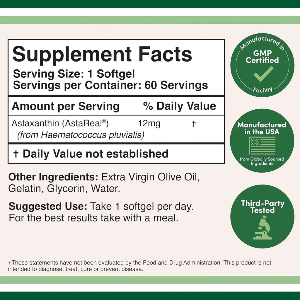 Astaxanthin Astareal 12Mg Max Strength, Natural, Made in the USA by Double Wood