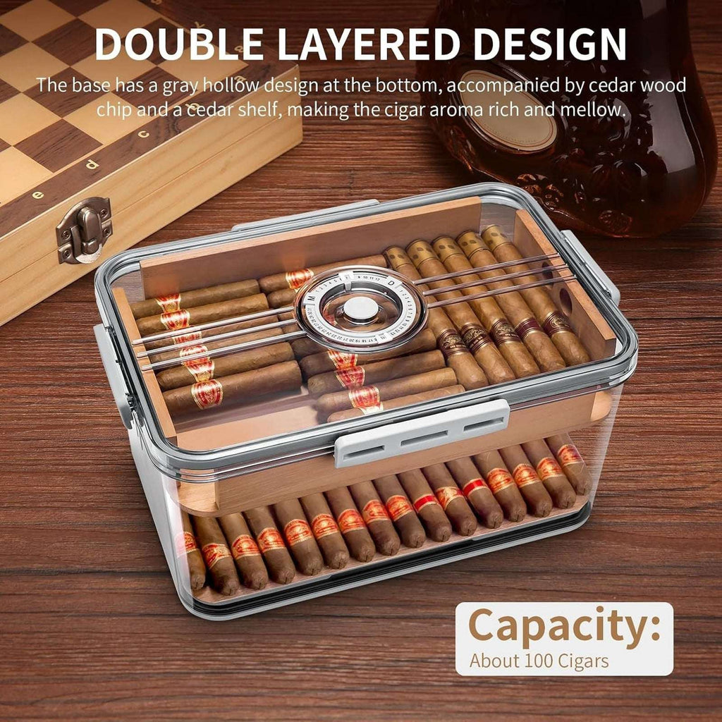 100 Cigar Humidor Clear Acrylic Spanish Cedar Shelf Age Dial Digital Hygrometer