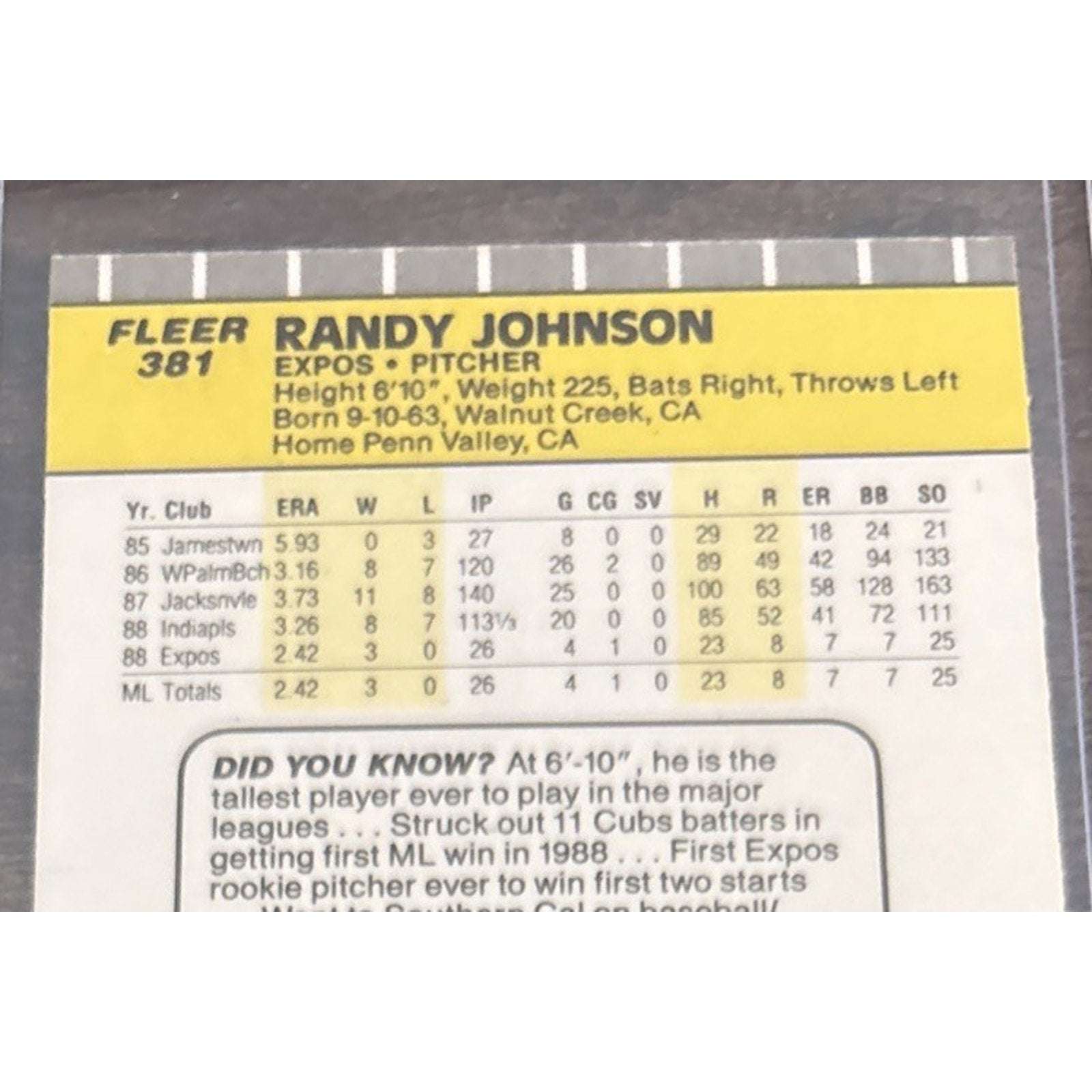 1989 FLEER #381 Randy Johnson Expos - RC - Error Marlboro Ad Blacked Out -PtoS
