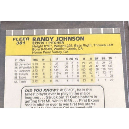 1989 FLEER #381 Randy Johnson Expos - RC - Error Marlboro Ad Blacked Out -PtoS