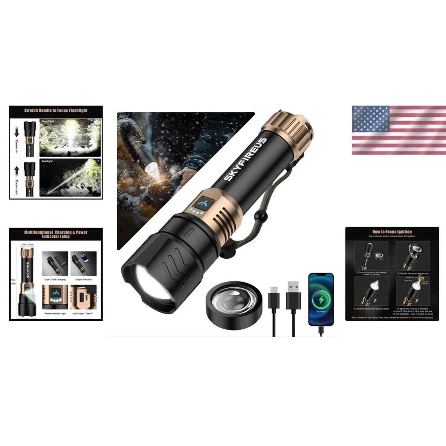 SKYFIRE LED Flashlight 2000lm Rechargeable Zoom Waterproof w/ FIRE STARTER Lens