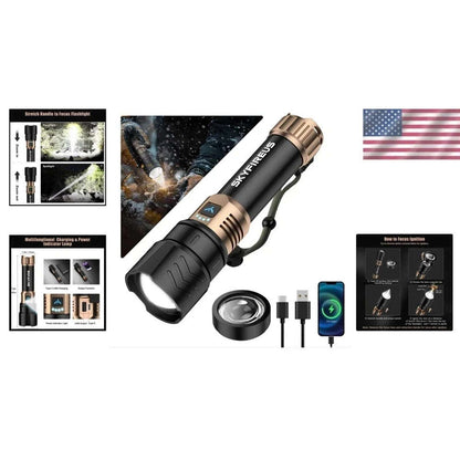 SKYFIRE LED Flashlight 2000lm Rechargeable Zoom Waterproof w/ FIRE STARTER Lens