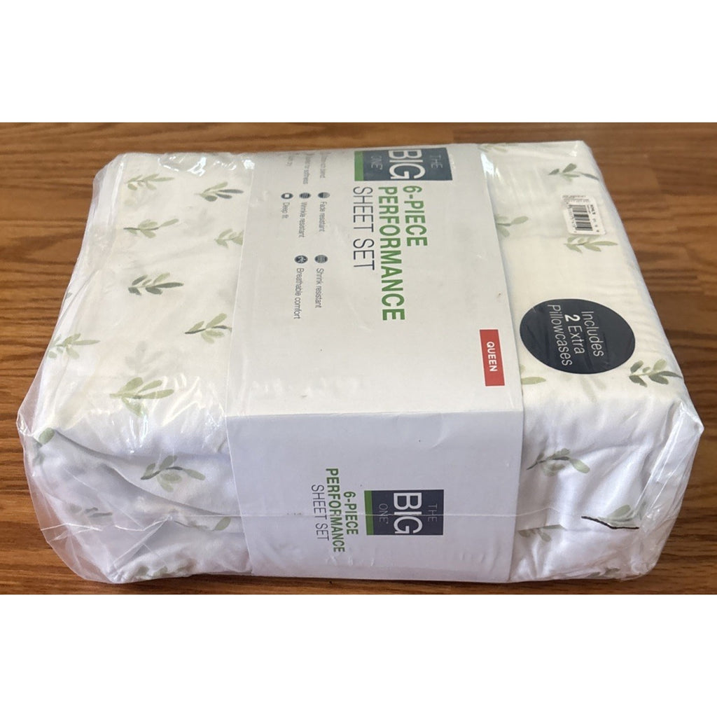 The Big One Queen Sheet Set 6PC Deep Fit Brushed Cotton Foliage White & Green