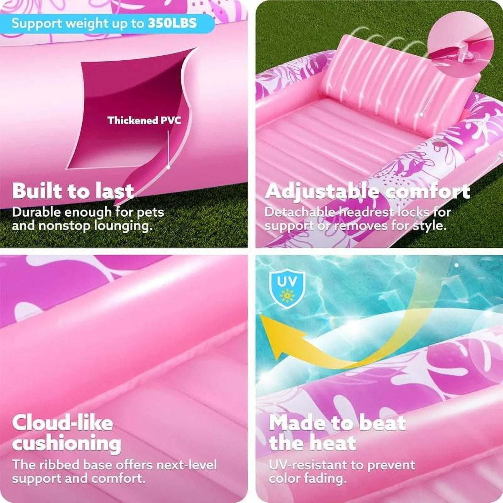 XL Inflatable Tanning Pool Lounger Float 85"X 57" 2 Adults 2 Cup Holders Pillow