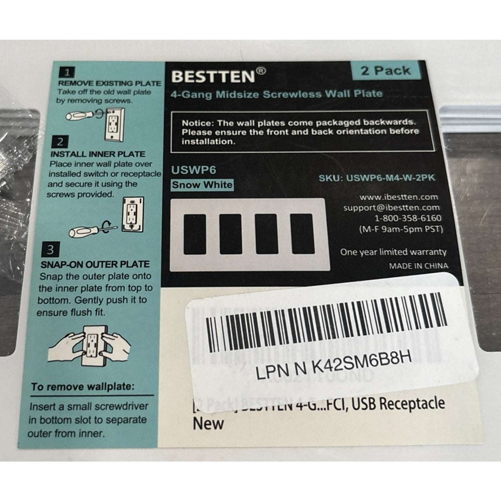 BESTTEN 2 Pack 4 Gang Midsize Screwless Decorator Wall Plate USWP6-M4-W-2PK