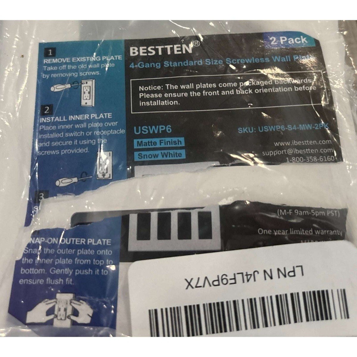 2 PACK Bestten 4 Gang Standard Screwless Light Switch Wall Plate USWP6 White