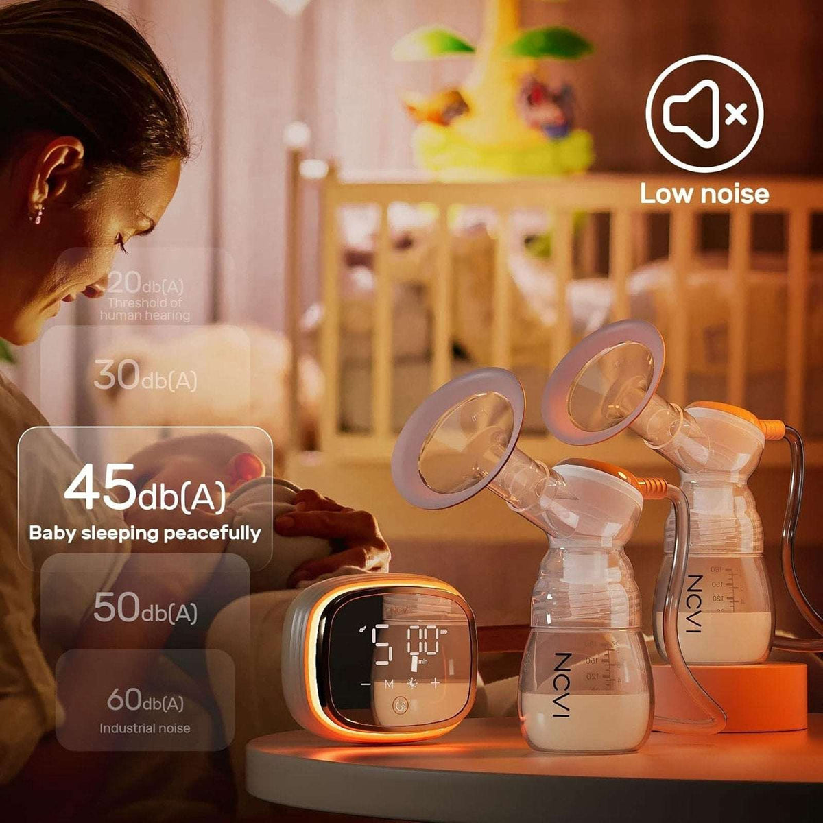 NCVI Double Electric Breast Pump 8102 4400mAh Battery w/ Night Light 4Modes 9Lvl
