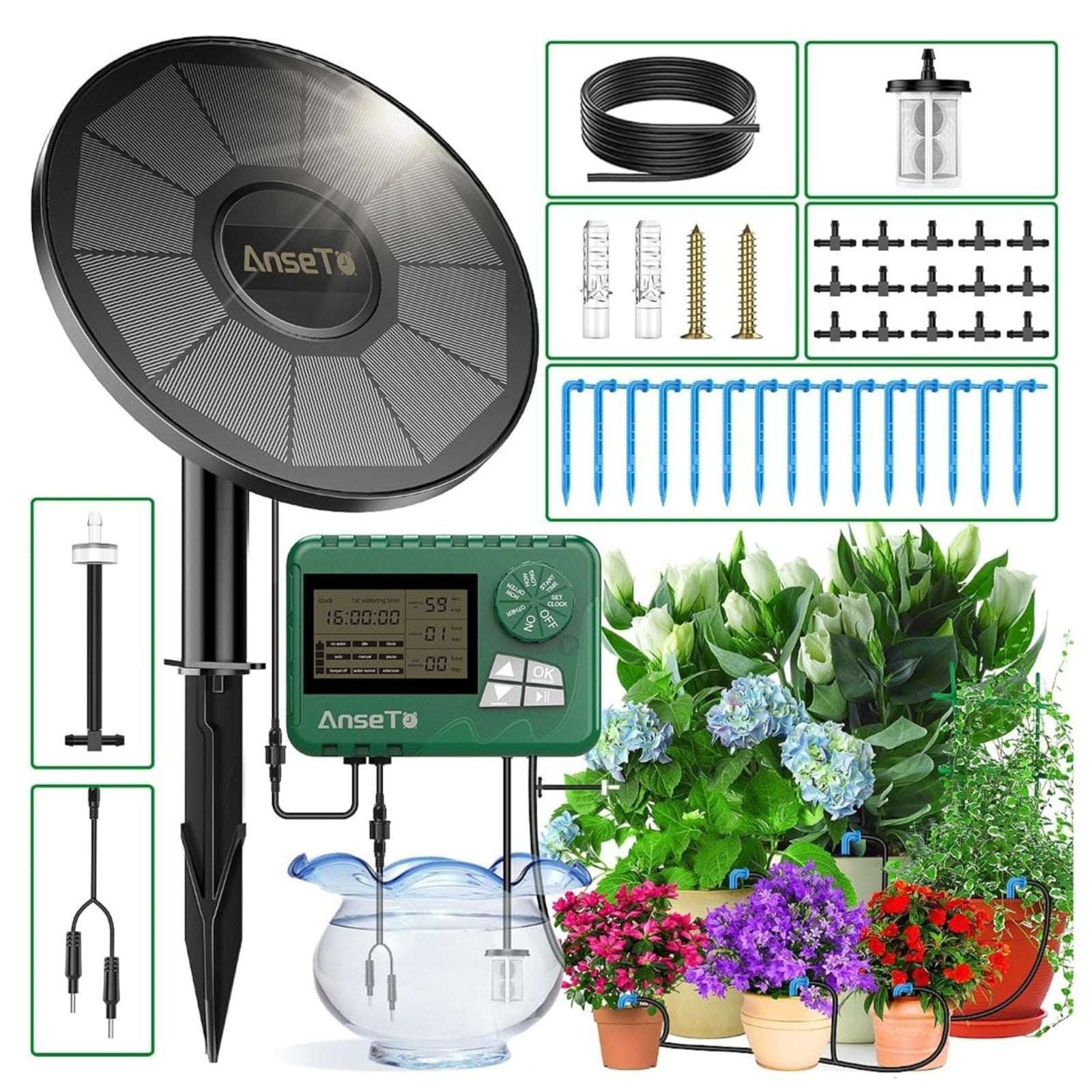 50' Automatic Drip Solar Irrigation System Plant Watering w/ Split Timer 15 Pots