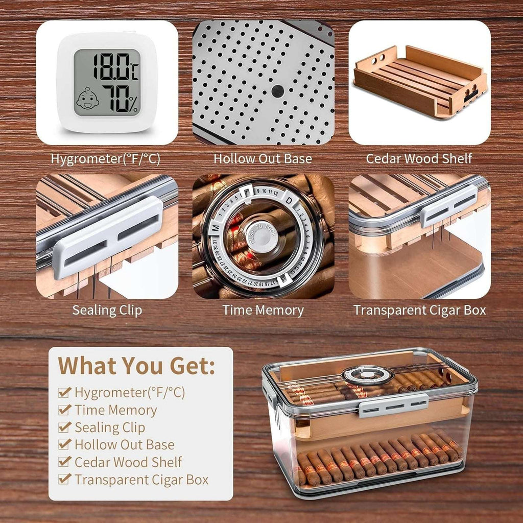 100 Cigar Humidor Clear Acrylic Spanish Cedar Shelf Age Dial Digital Hygrometer