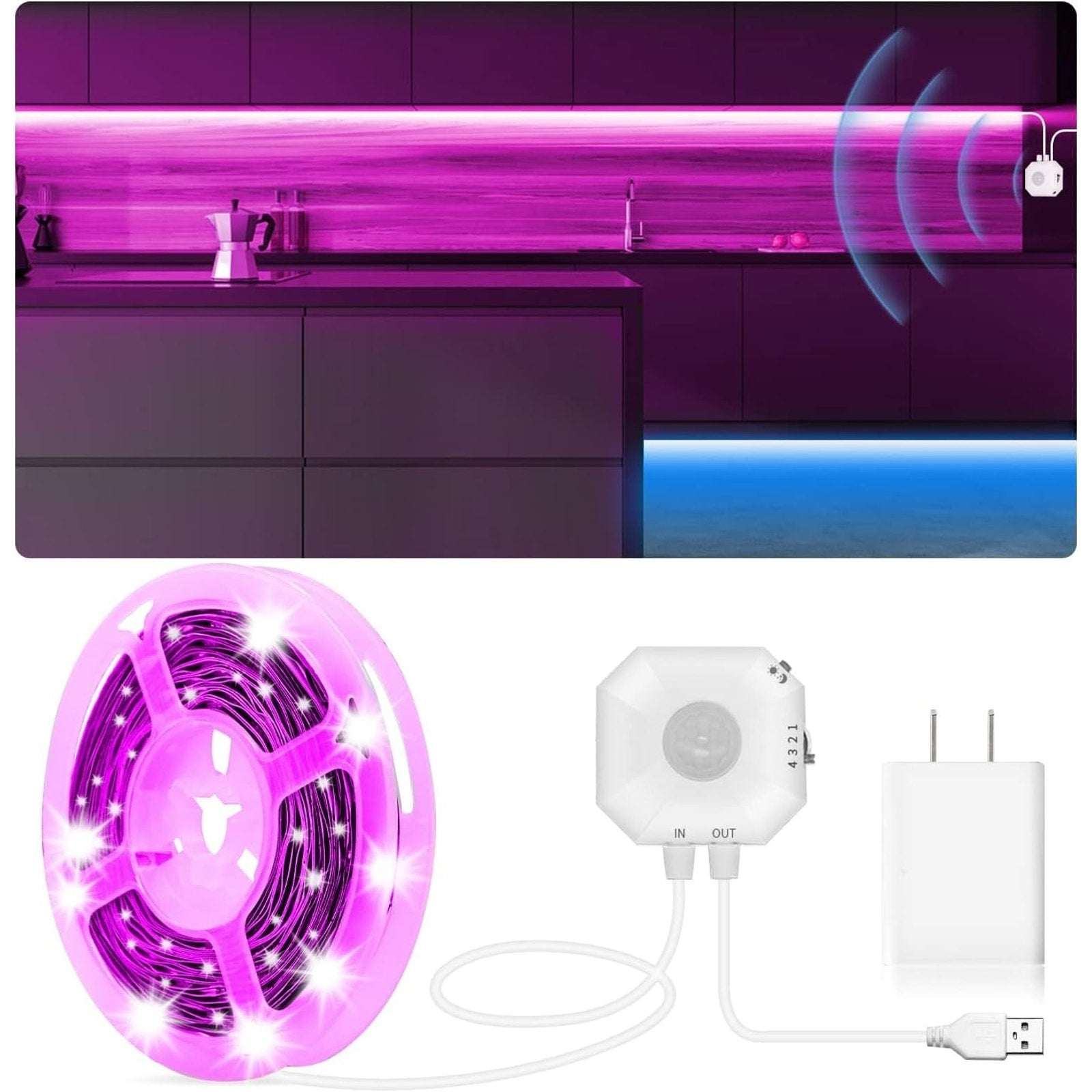 Motion Sensor LED Light Strip 16.4Ft Warm White 3000K & Multi-Colored USB Power