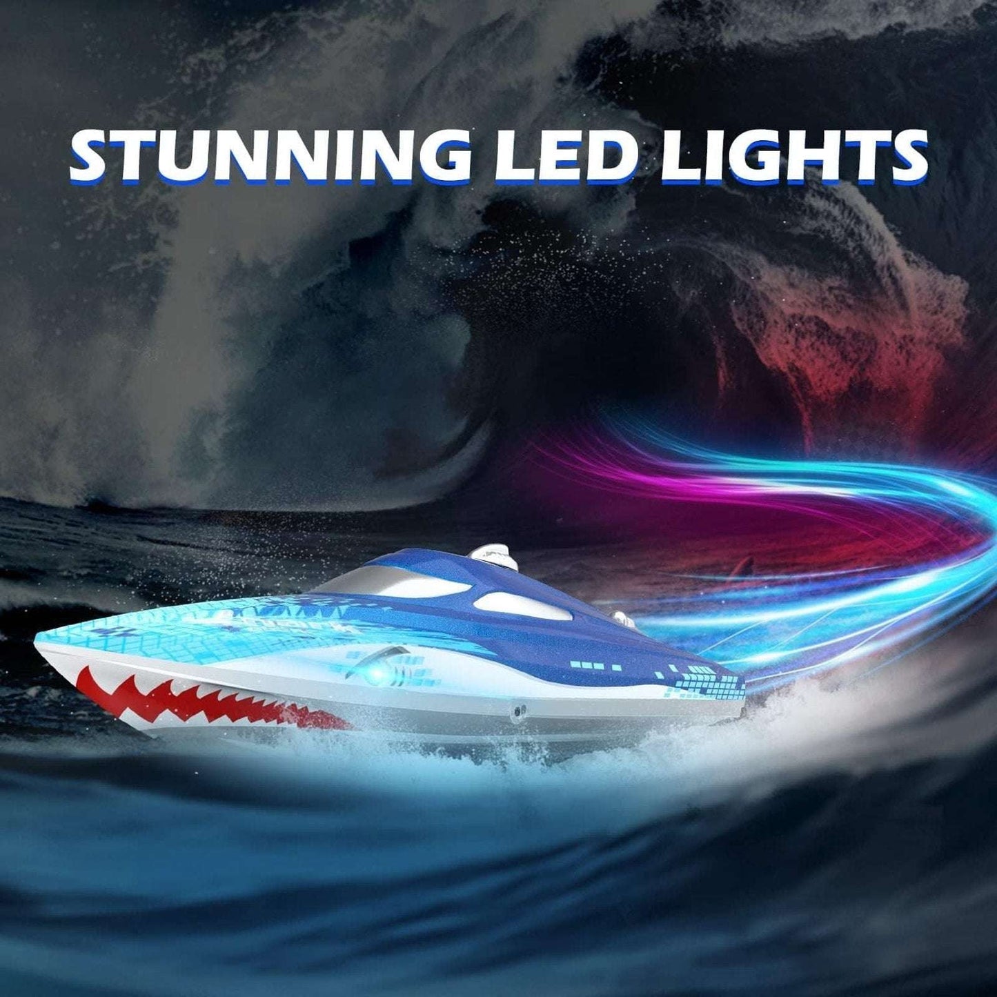 DEERC 2.4G RC Sink-Proof High Speed Racing Boat w/ LED Lights & Shark Graffiti
