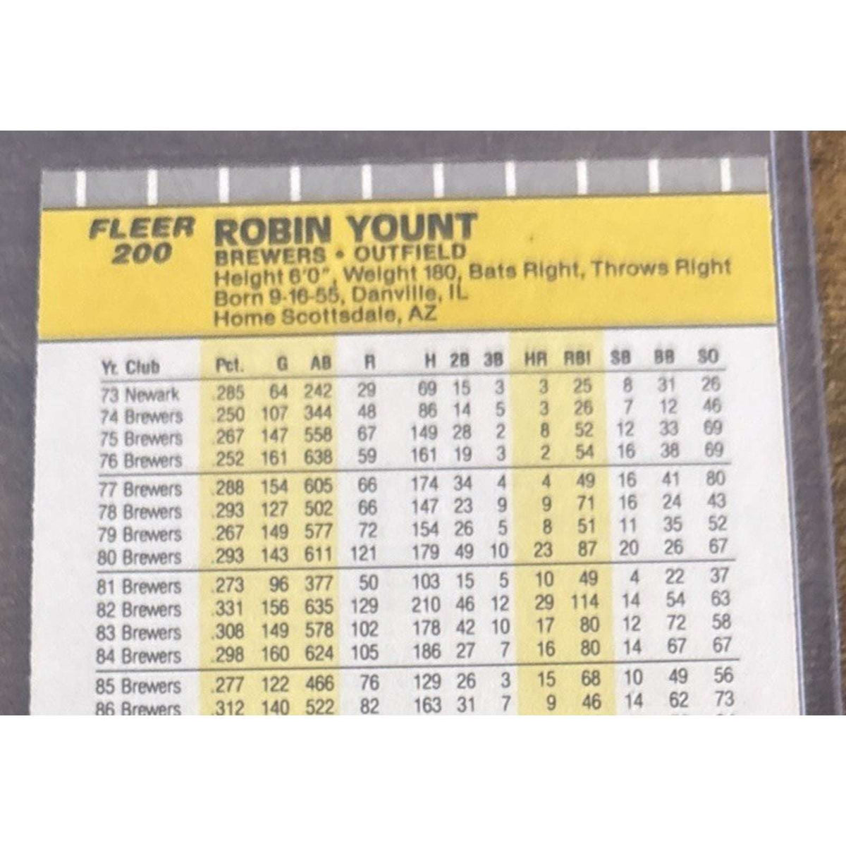 1989 FLEER #200 ROBIN YOUNT - BREWERS - From Pack to Sleeve - MLB Baseball