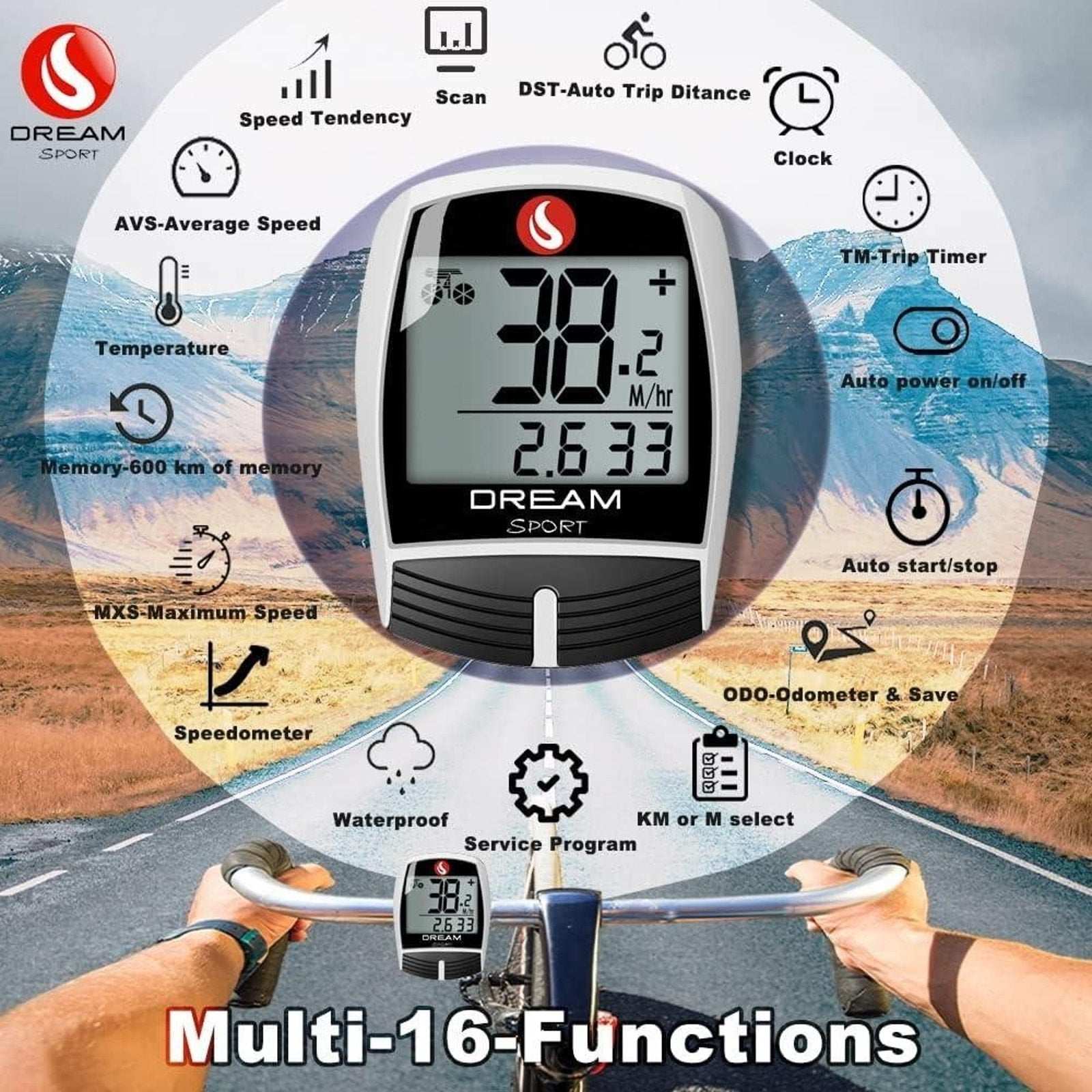 DREAM SPORT Bike Computer 16-Function Waterproof Bicycle Speedometer & Odometer