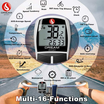 DREAM SPORT Bike Computer 16-Function Waterproof Bicycle Speedometer & Odometer