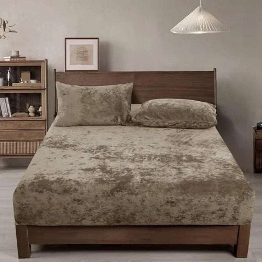 PHF Truly Velvet Fitted Sheet Queen Size Luxury Super Soft & Cozy Deep Fit Khaki