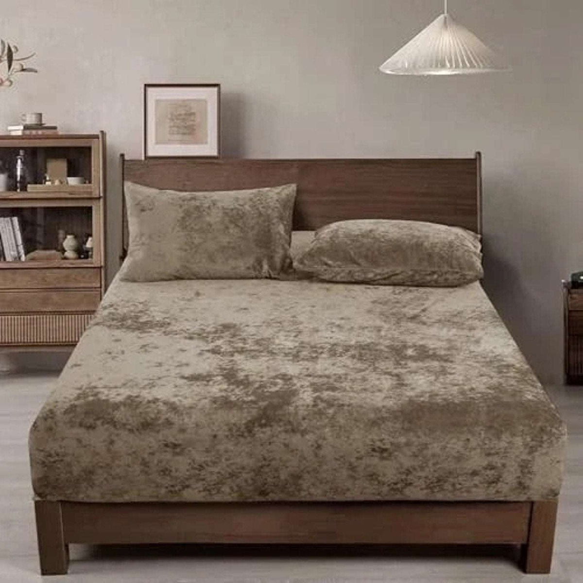 PHF Truly Velvet Fitted Sheet Queen Size Luxury Super Soft & Cozy Deep Fit Khaki