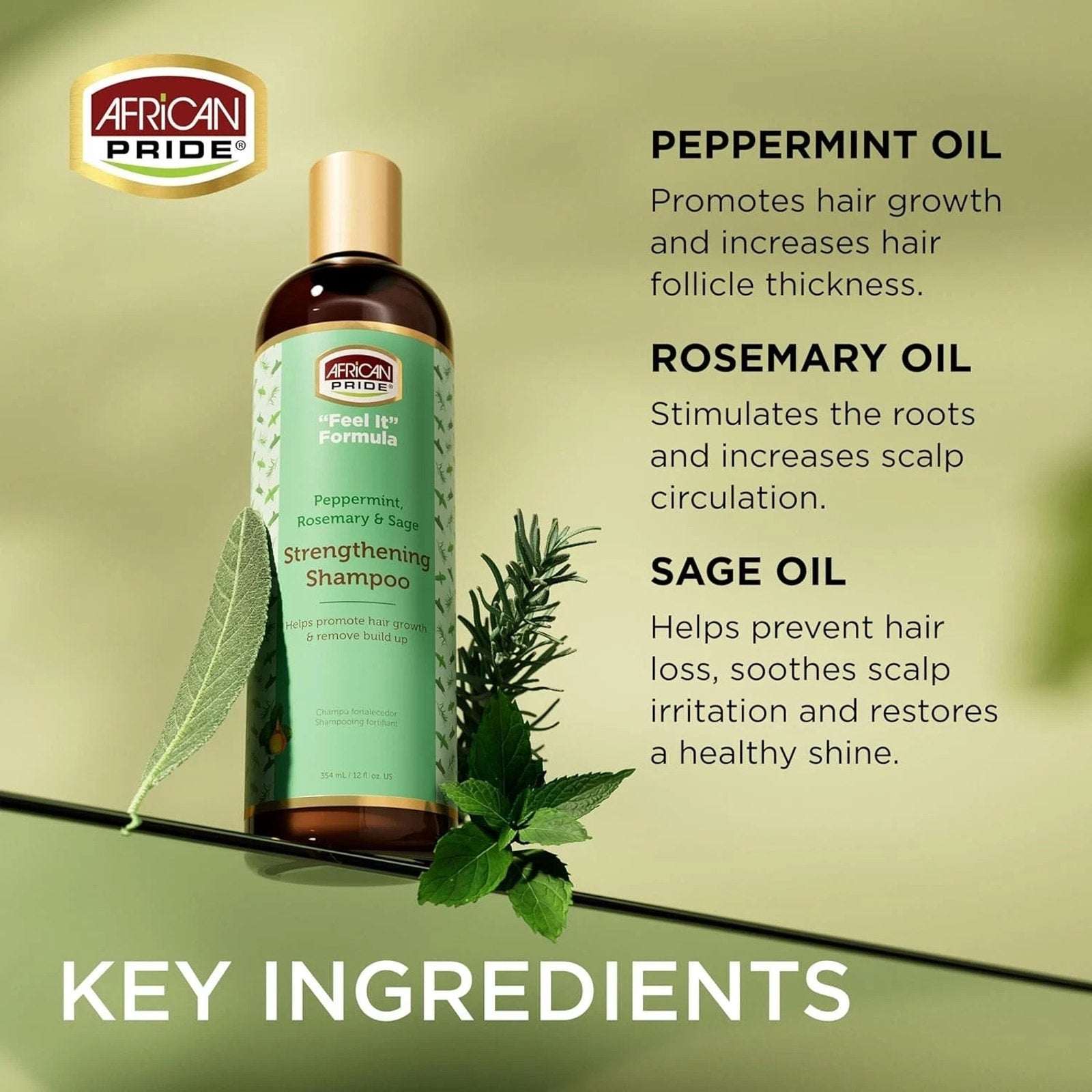 African Pride "Feel It" Peppermint, Rosemary & Sage Strengthening Shampoo 12floz