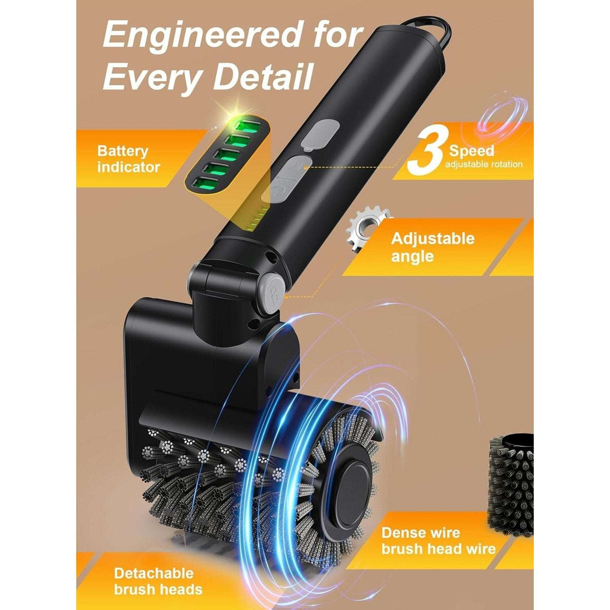 Electric Grill Brush Cordless Rechargeable BBQ Cleaner with 3 Speeds & 3 Heads