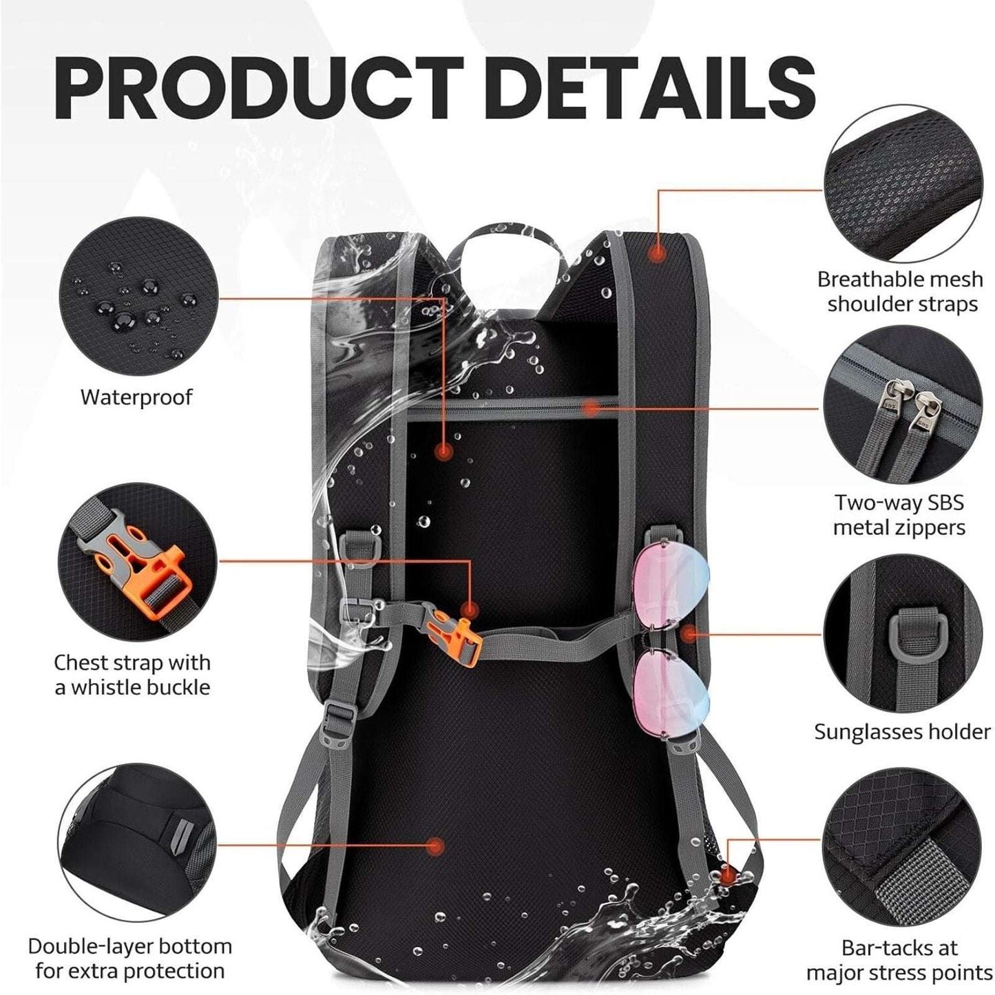 HIKING BACKPACK Lightweight Travel Daypack Black 40L VENTURE PAL Field Operation