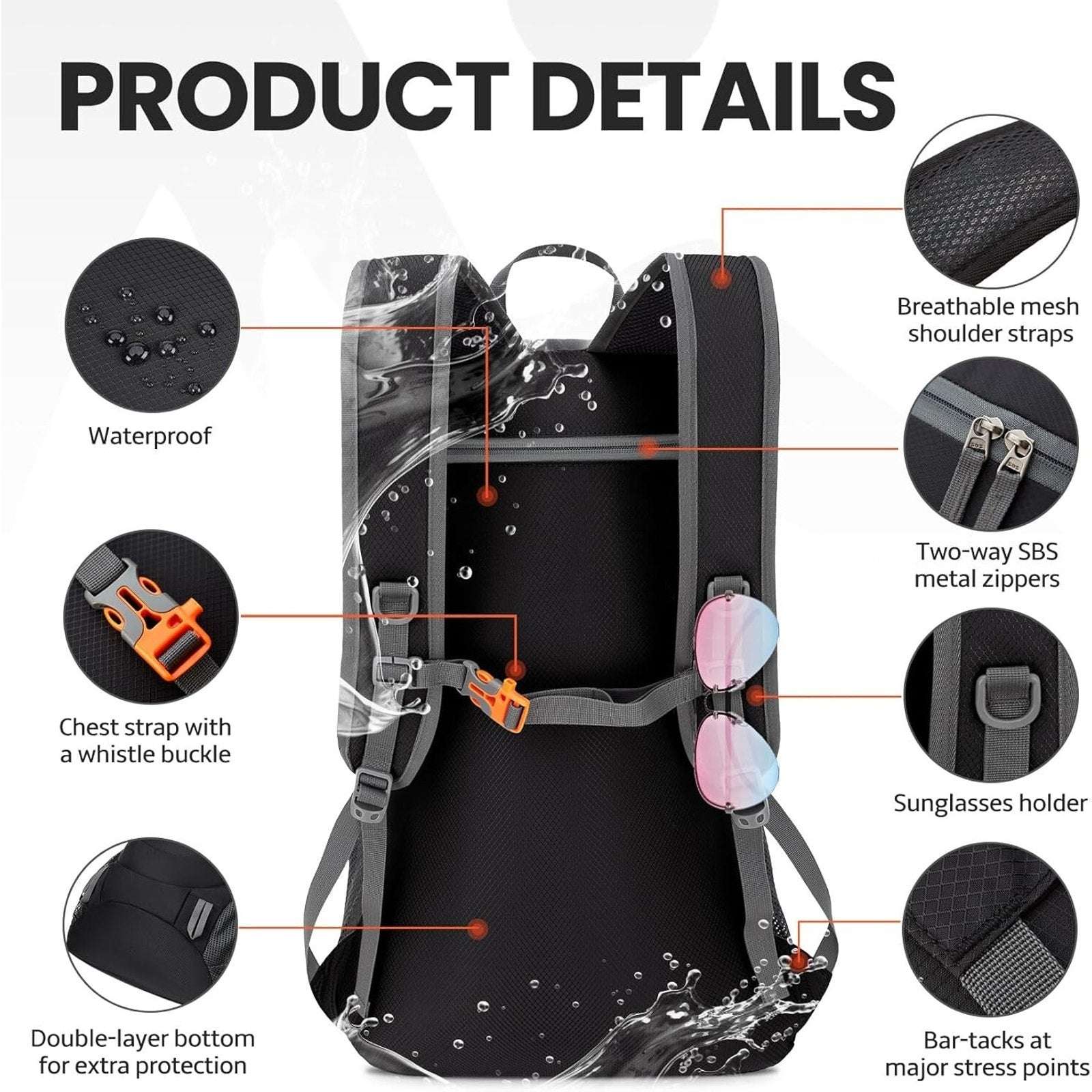 HIKING BACKPACK Lightweight Travel Daypack Black 40L VENTURE PAL Field Operation