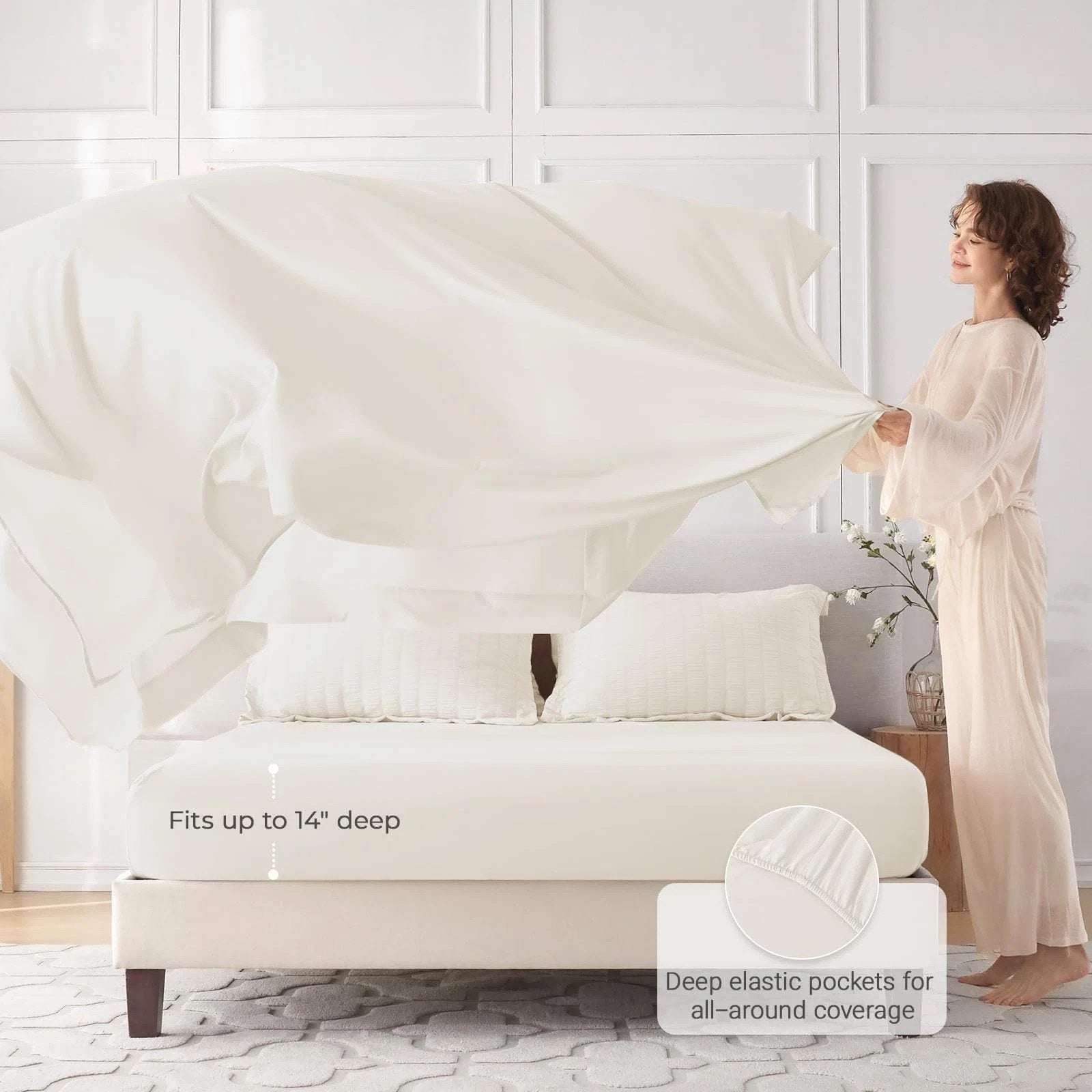MUXHOMO 7PC Ivory Seersucker Queen Size Comforter & Sheet Set, Bed in a Bag