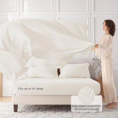 MUXHOMO 7PC Ivory Seersucker Queen Size Comforter & Sheet Set, Bed in a Bag