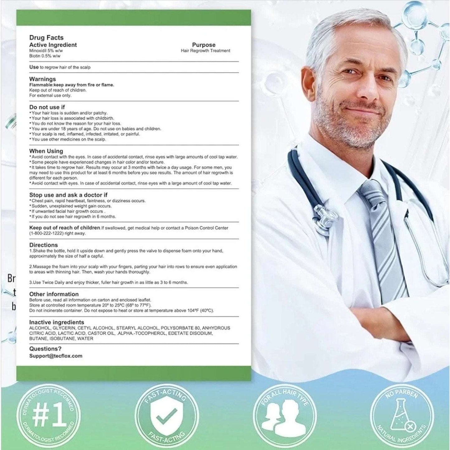 TecFlox 5% Minoxidil Hair Regrowth Foam with Biotin for Men & Women, 6 Months