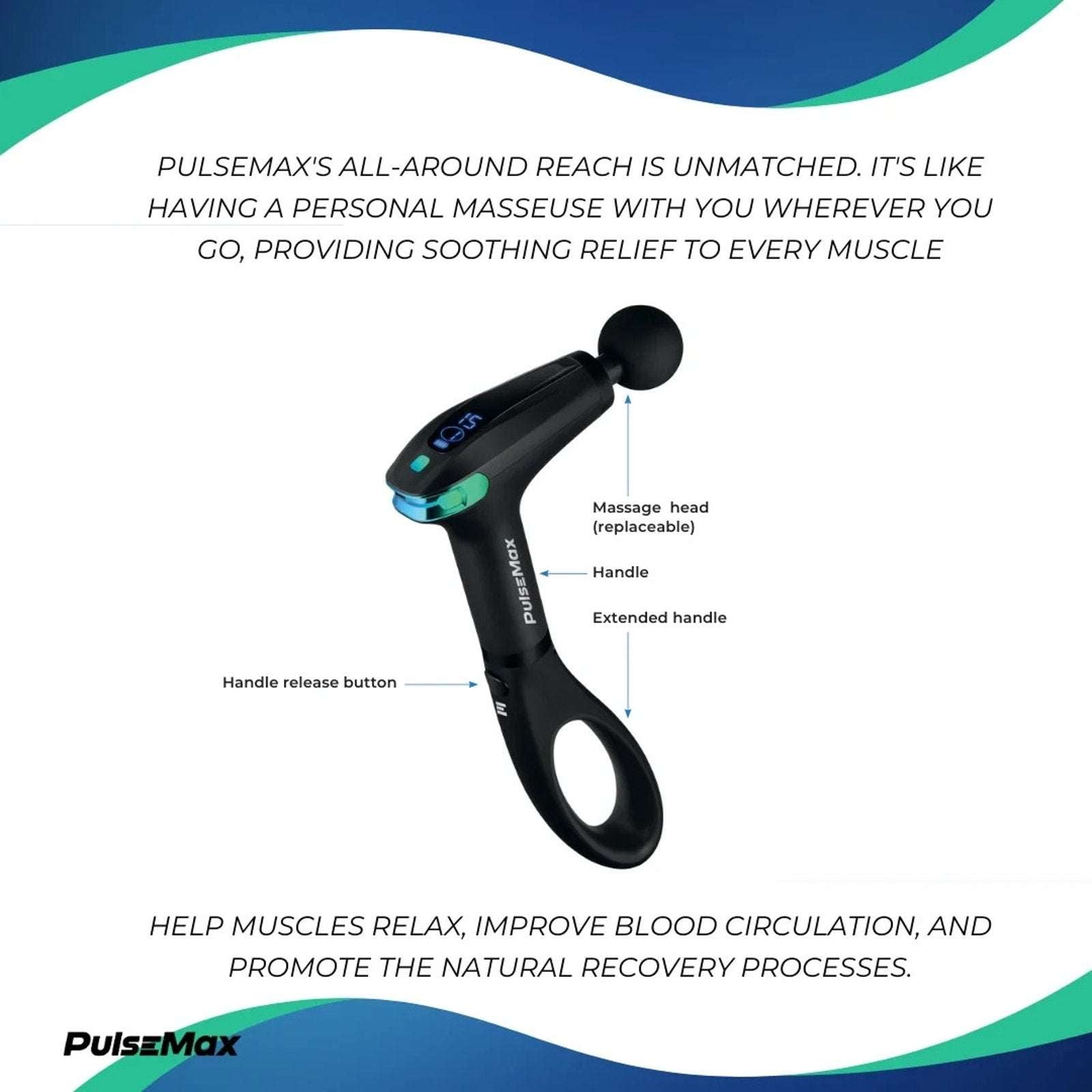 ReATHLETE PulseMax Portable Deep Tissue Massage Gun Extended Reach 8Gears/4Heads